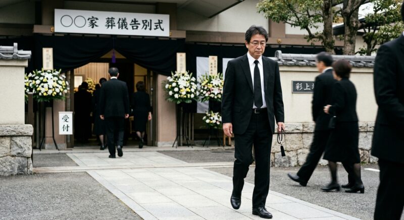 葬儀場で黒ネクタイと礼服を着用し数珠を持って歩く男性