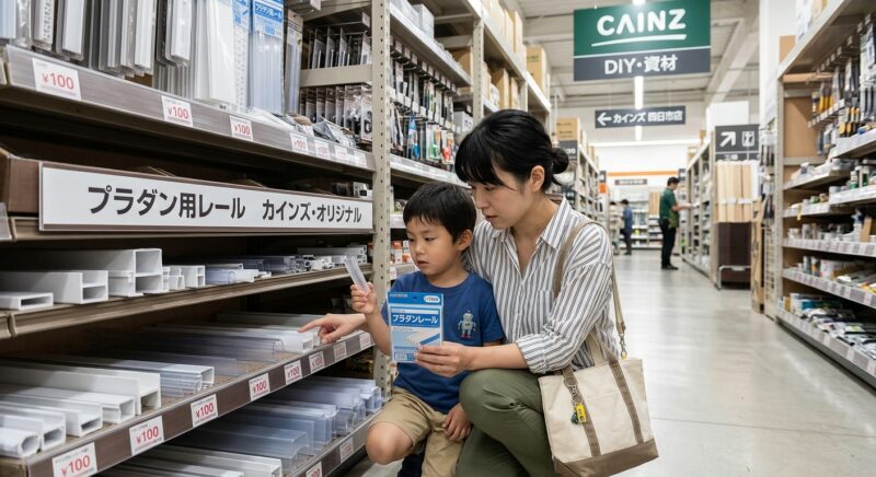 カインズのDIY売り場で母親と息子がプラダン用レールを選んでいる様子