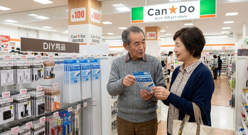 キャンドゥのDIY用品売り場で夫婦がプラダン用レールを見ている様子