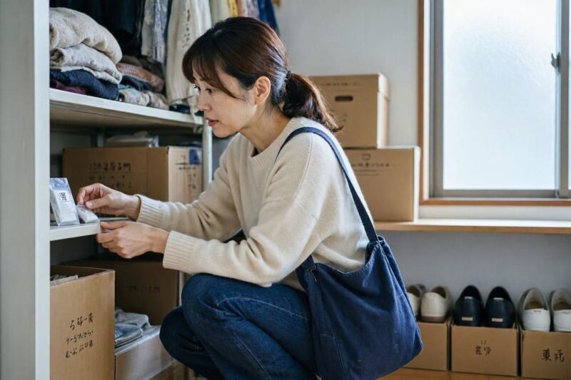 クローゼットの棚で炭八アイテムを手に取ってる女性