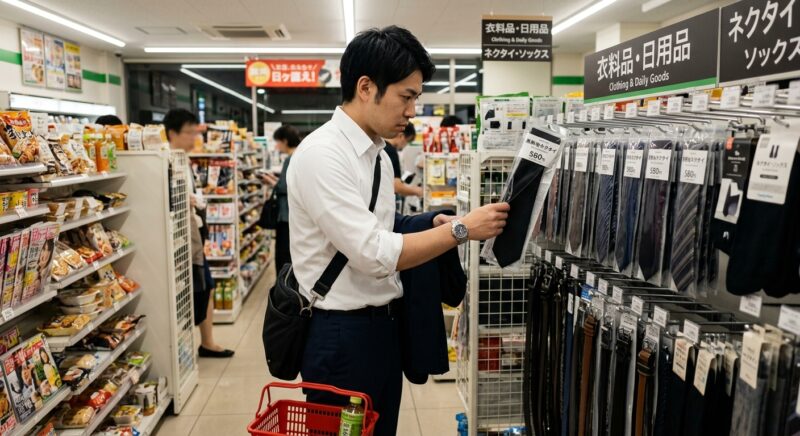 コンビニの衣料品売り場で葬儀用の黒ネクタイを手にする男性