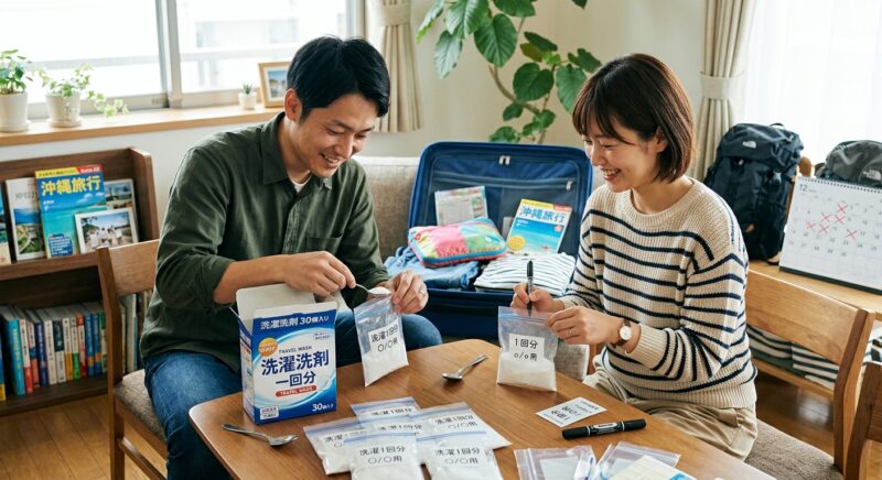 旅行のパッキングで粉末の洗濯洗剤を1回分ずつチャック付き袋に小分けする夫婦