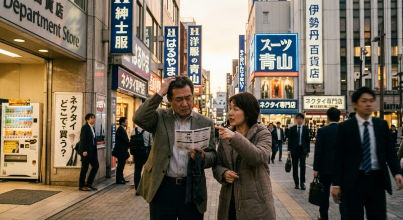 紳士服店や百貨店が立ち並ぶ繁華街で黒ネクタイの買える場所を探す男女