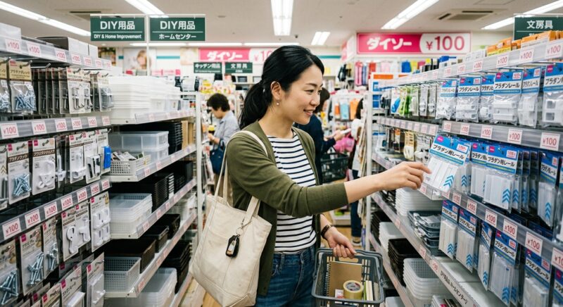 ダイソーのDIY用品売り場で女性がプラダン用レールを探している様子