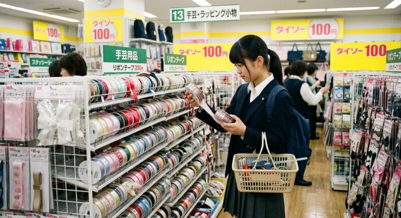 100円ショップの手芸・ラッピング小物コーナーで、巻かれたリボンテープを手にとって確認する女子生徒