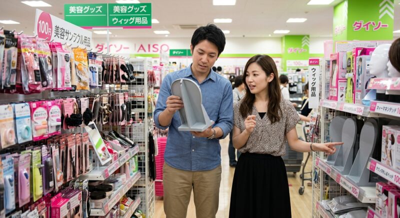 ダイソーの売り場でマネキンヘッドを探す親子