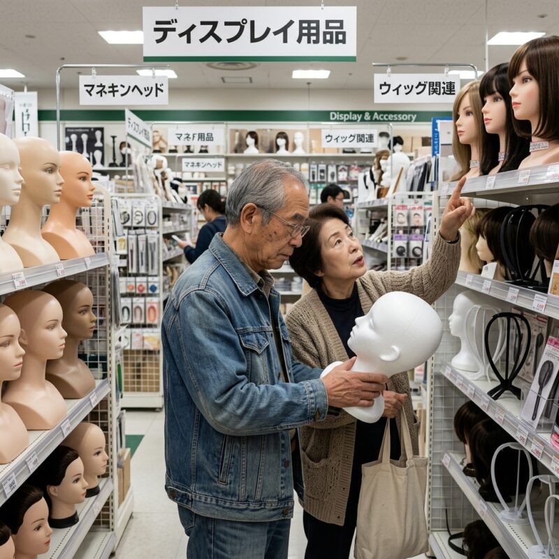100均ダイソーのディスプレイ用品コーナーで白いマネキンヘッドを手にする高齢夫婦