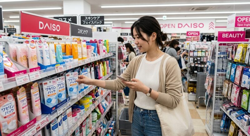 ダイソーでフェイスパック商品を探している女性
