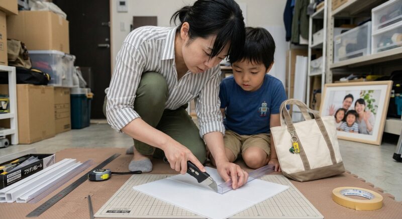 自宅で親子がカッターを使って白いプラダンをカットしている様子
