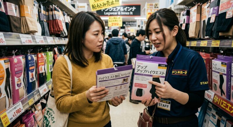 ドン・キホーテの店員から加圧スパッツについて説明を受ける女性