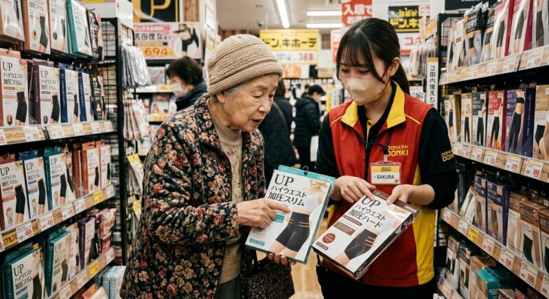ドン・キホーテの売り場で加圧スリムとハードの違いを店員に相談する女性