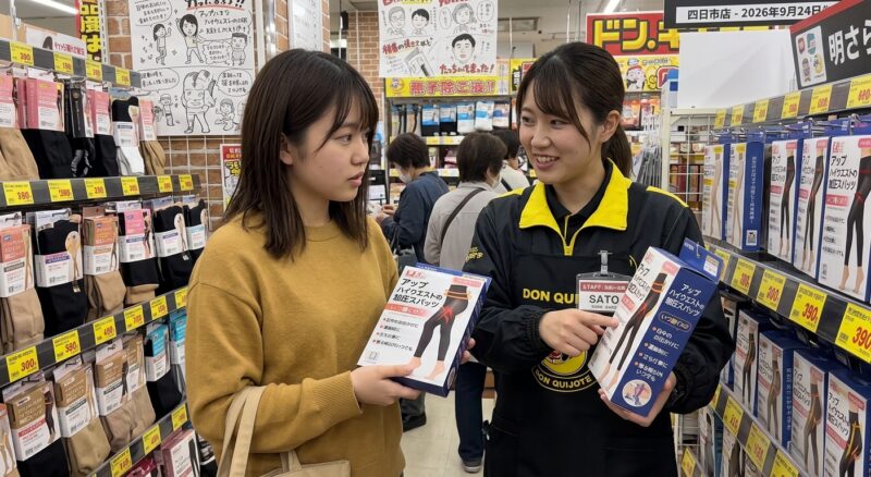 ドン・キホーテの店員に加圧スパッツについて相談する女性