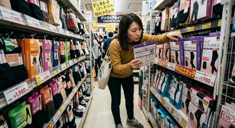 ドン・キホーテの加圧スパッツ売り場で商品を探す女性