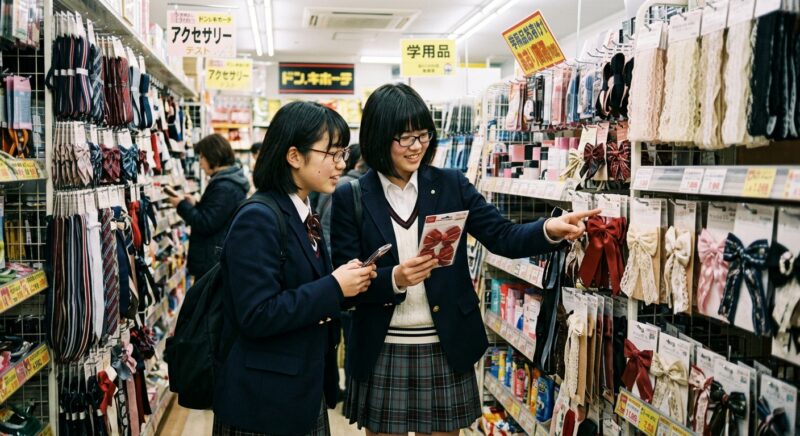 ドン・キホーテの学用品・アクセサリーコーナーで、パッケージ入りの制服スクールリボンを指さしながら選ぶ2人の女子生徒