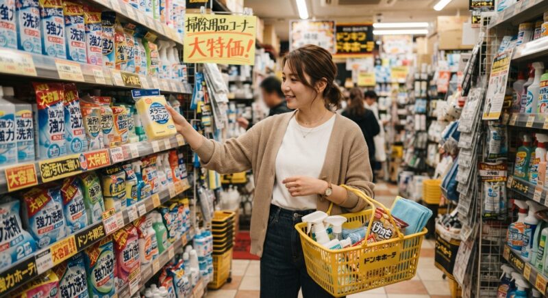 ドン・キホーテの掃除用品コーナーで商品を選ぶ女性