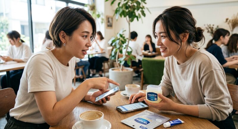 ヴァセリン製品を手に持ちながらスマートフォンを見てスキンケアについて話す2人の女性