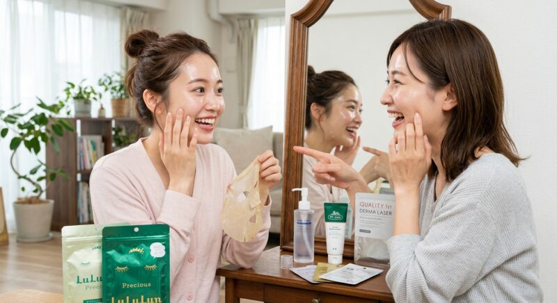 鏡の前でフェイスパックを並べてスキンケアを楽しむ2人の女性