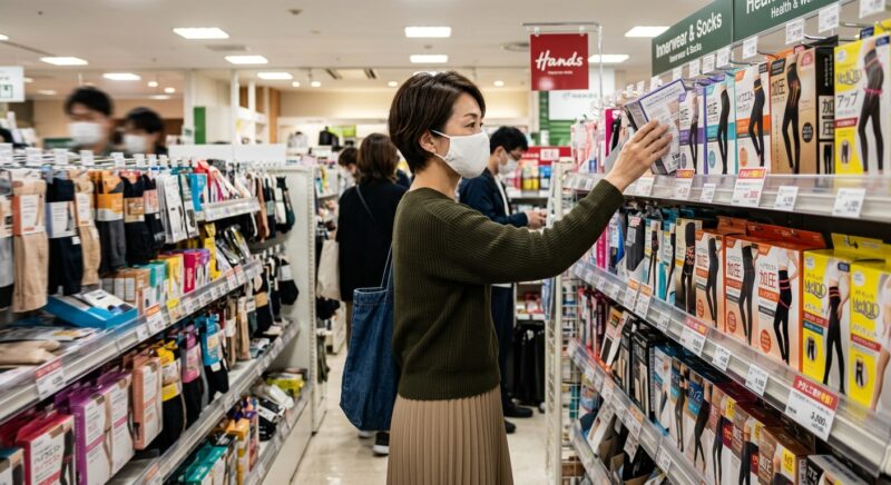 ハンズのレッグウェア売り場で「アップ ハイウエスト加圧インナー」を手にして選ぶ女性
