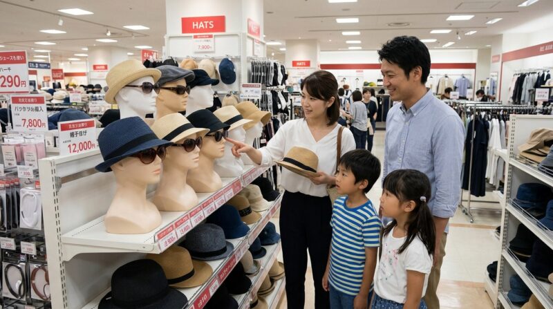 帽子店の棚に並ぶディスプレイ用マネキンヘッドとサングラスを眺める家族