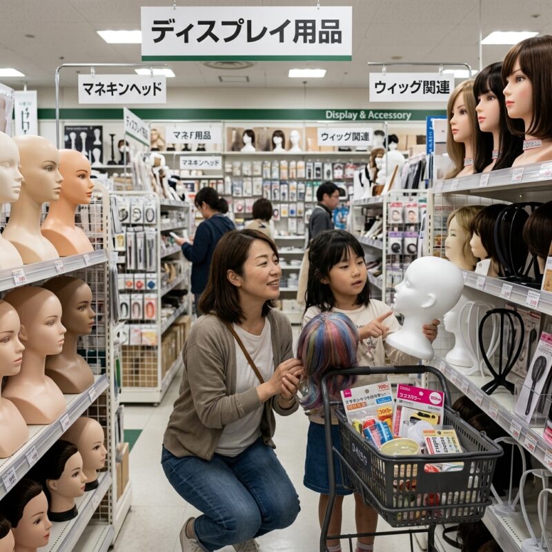 帽子店の棚に並ぶディスプレイ用マネキンヘッドとサングラスを眺める家族