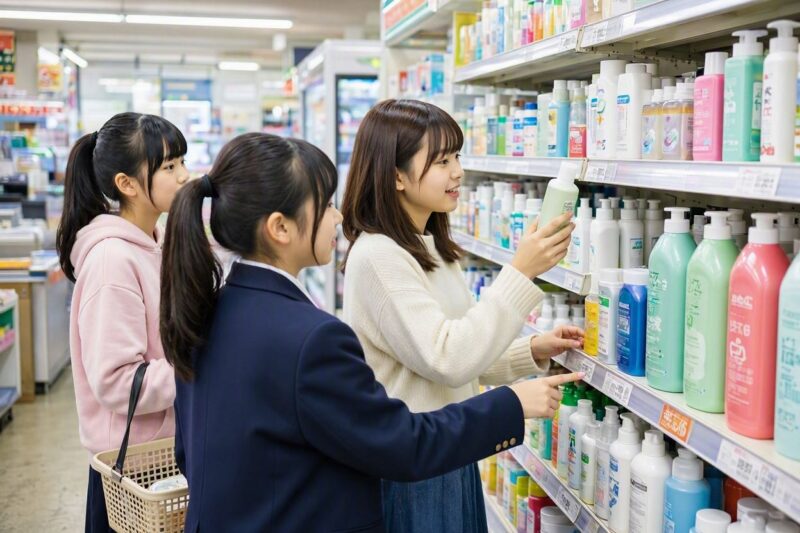 コンビニで内の棚でドライシャンプーなどのヘアケア製品を選ぶ制服姿の女子高生と女性。女性がボトルを手に取っている。