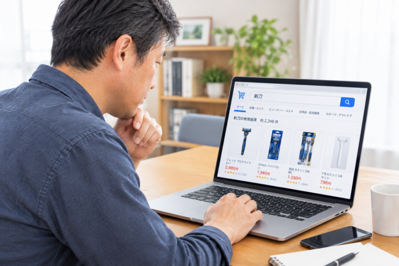 ブルドッグカミソリの販売店をネット検索する男性
