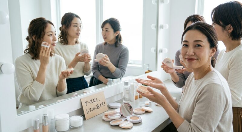 店舗のメイクアップ売り場でケースなしのクッションファンデレフィルを確認する女性たち