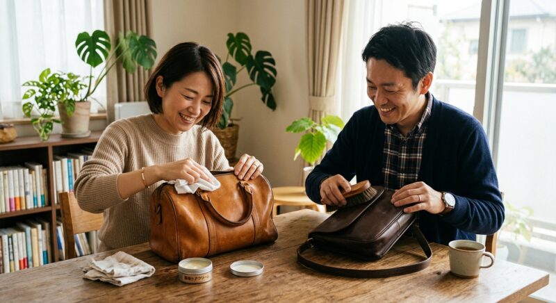 リビングで夫婦が並び革用クリームとブラシを使ってレザーバッグを一緒に手入れしている様子