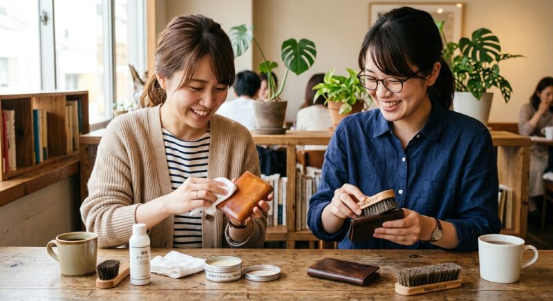 カフェ風の室内で2人の女性がブラシやクリームを使って革製名刺入れをお手入れしている様子
