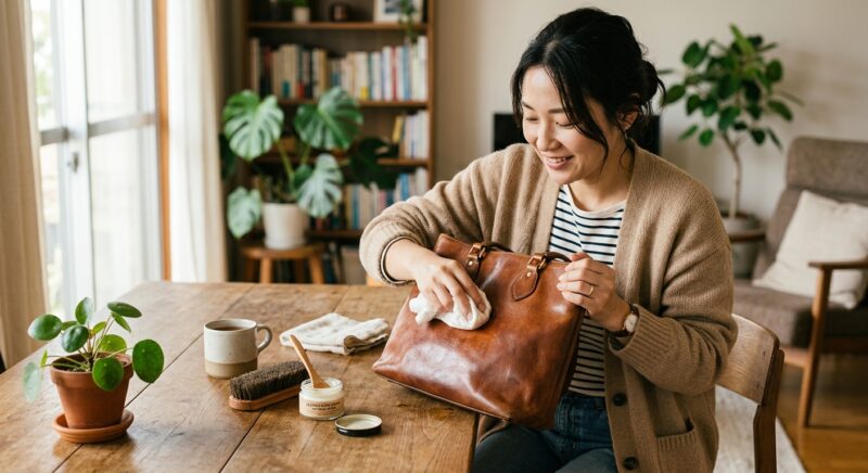 部屋のテーブルで女性が専用クリームと布を使い革製ハンドバッグを磨いて手入れする様子