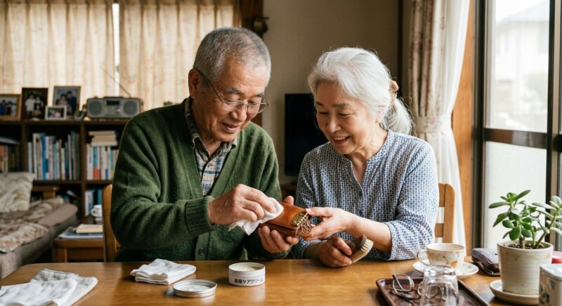 リビングのテーブルでシニア夫婦がレザークリームとクロスを使って革製キーケースをお手入れしている様子