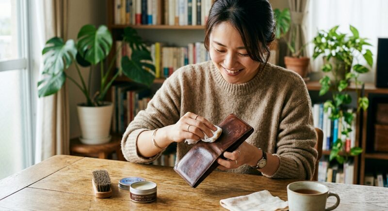 木製テーブルで女性が柔らかい布とクリームを使って革財布を優しく磨いている様子