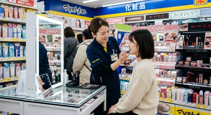 マツモトキヨシでスタッフからメイクのタッチアップを受ける女性