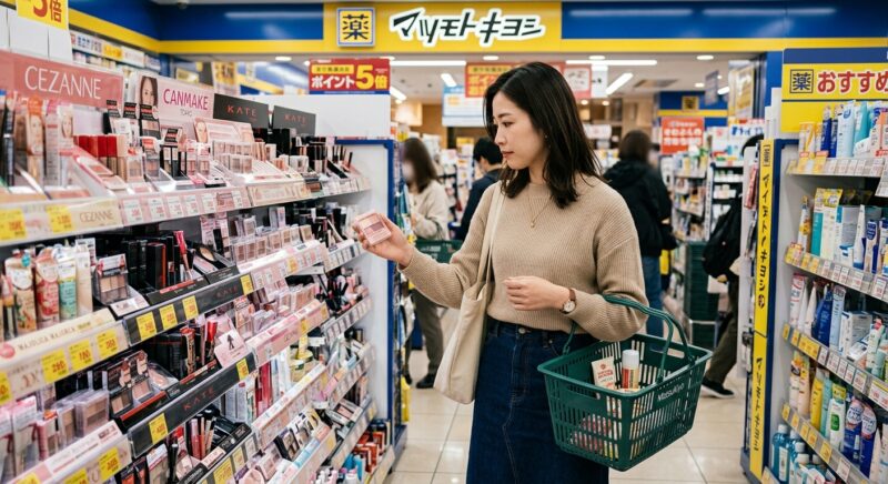 マツモトキヨシで買い物かごを持ち化粧品を選ぶ女性