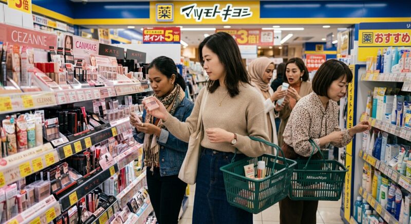 マツモトキヨシの化粧品売り場で商品を選ぶ複数の女性客
