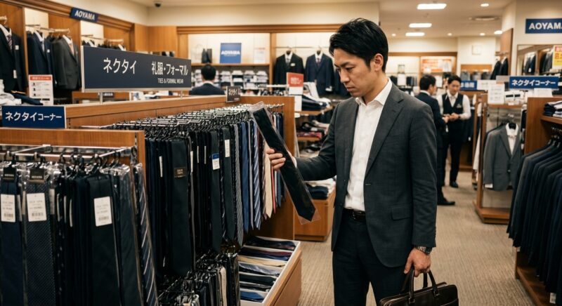 紳士服店の礼服コーナーで葬儀用の黒ネクタイを選ぶスーツ姿の男性