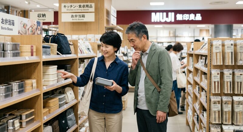 無印良品の店内でお弁当箱を選ぶ中年の夫婦