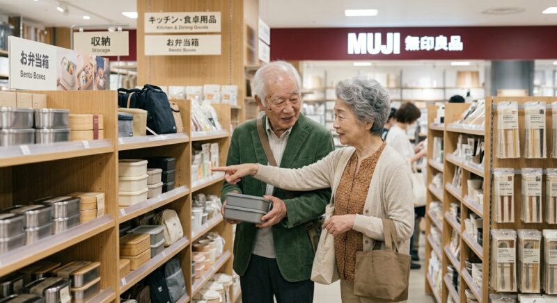 無印良品の店内でお弁当箱を選ぶ高齢の夫婦