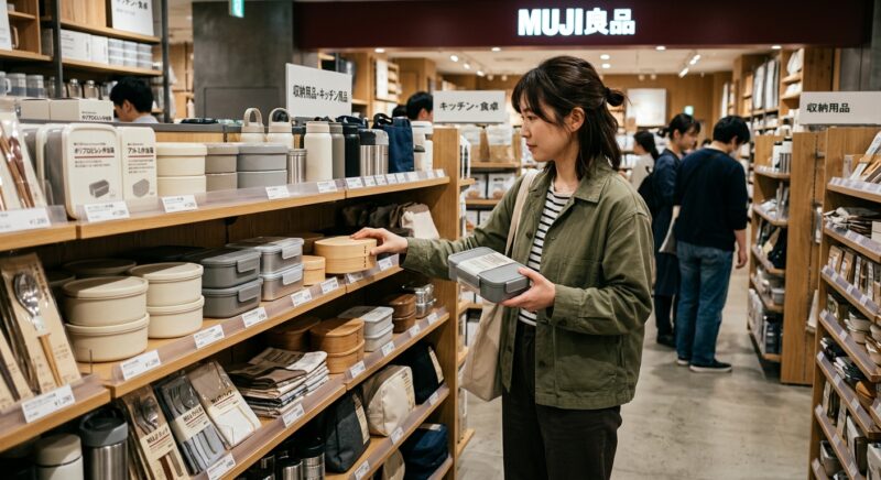 無印良品の店内でお弁当箱を選ぶ若い女性