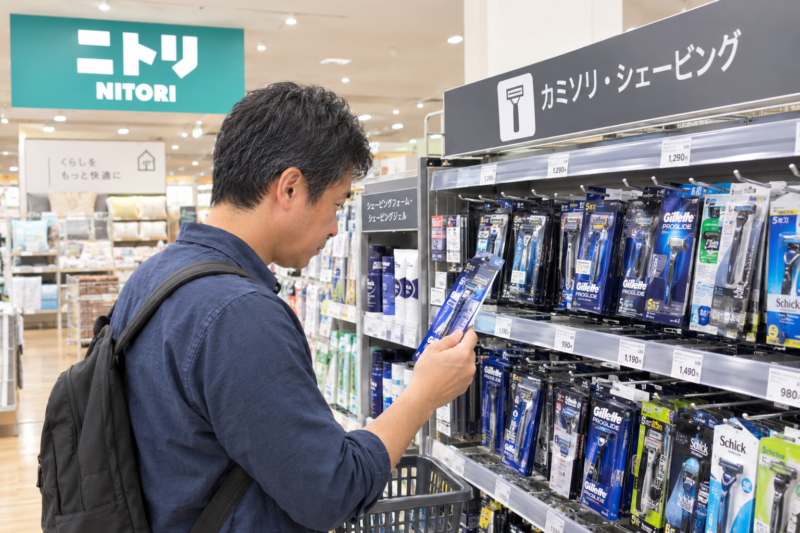ニトリの店内でカミソリを探す男性