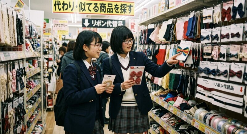 店舗のリボン代替品売り場で、展示されているリボンやネクタイを手にとって選ぶ2人の女子生徒