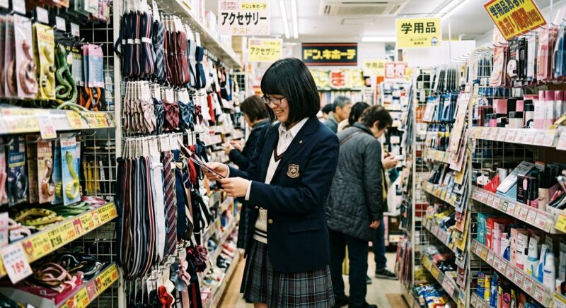 学用品・アクセサリー売り場で、吊り下げられた制服ネクタイやスクールリボンを笑顔で選ぶ女子生徒