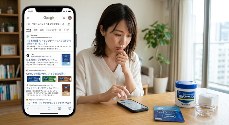 自宅でテーブルに白色ワセリンを置き、スマートフォンを使ってヴァセリンパックの販売店を検索している女性