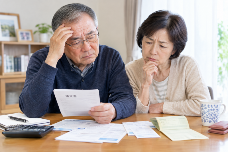 請求書を手に生活費や支払いについて悩む高齢夫婦