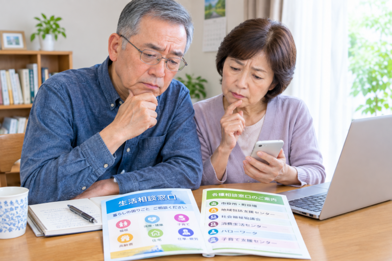 相談窓口の案内冊子を見ながら生活の悩みを相談する高齢夫婦