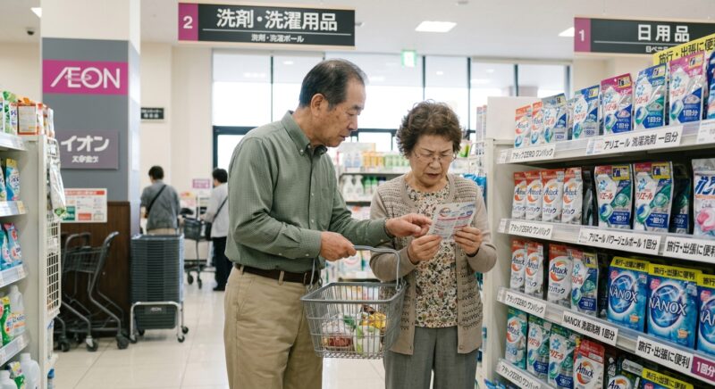 スーパーマーケットの売り場で1回分の旅行用洗濯洗剤を選ぶシニア夫婦