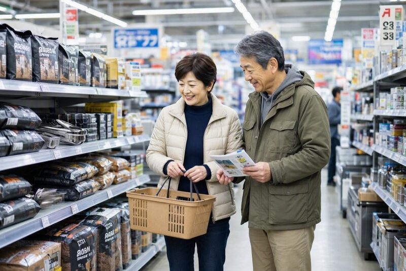 店舗の陳列棚の前でチラシを見ながら炭八を探すシニア夫婦