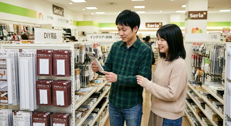 セリアのDIY用品売り場で夫婦がプラダン用レールを確認している様子