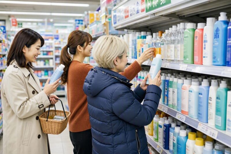 コンビニのヘアケアコーナーで、ドライシャンプーを手に取って選ぶ3人の女性たち。買い物カゴを持つ女性も