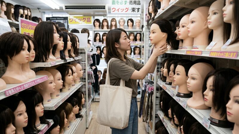 ウィッグ専門店でマネキンヘッドを手に取って確認する女性